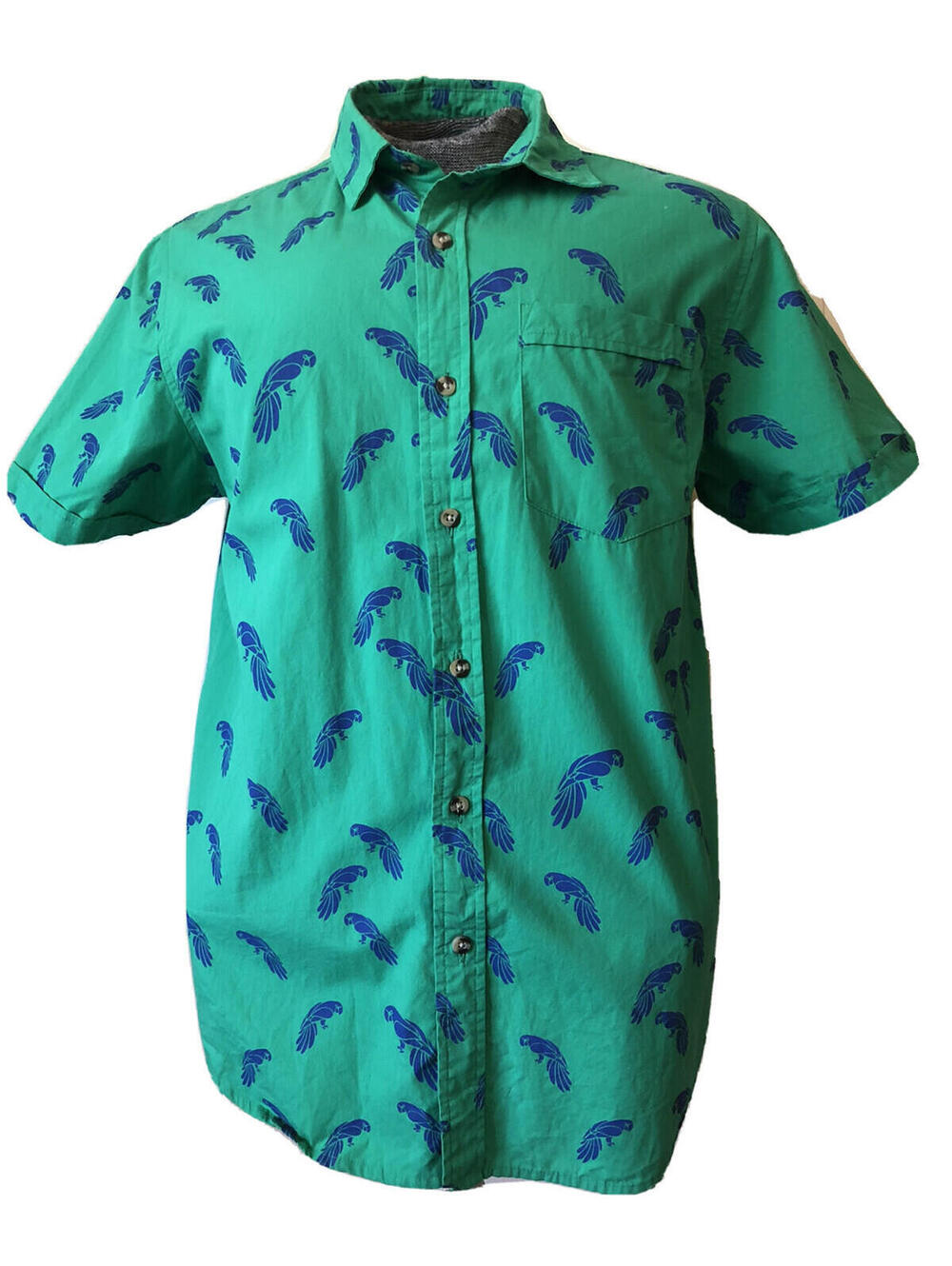 Plugg Mens Medium Camp Shirt Green with Blue Parrots Chest Pocket Short Sleeve